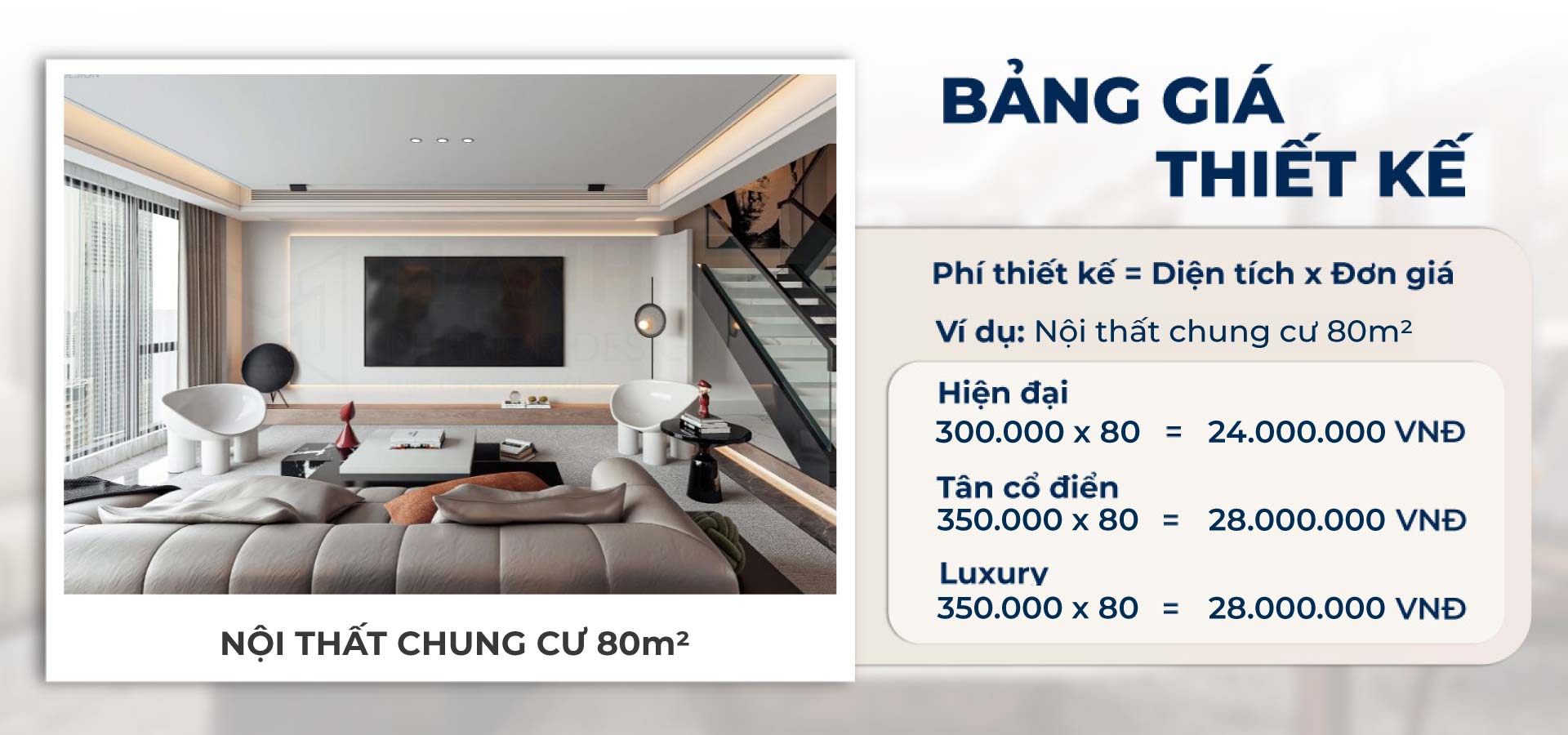 Bảng giá thiết kế nội thất căn hộ chung cư 80m2 theo từng phong cách
