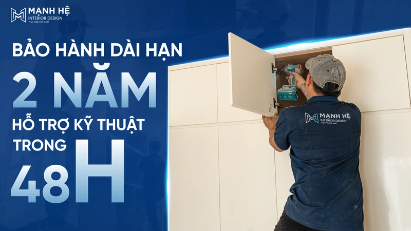 Chính sách bảo hành 2 năm và bảo trì trọn đời giúp gia chủ hoàn toàn an tâm khi chọn dịch vụ thi công nội thất nhà phố.