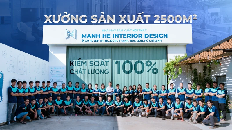 Xưởng sản xuất trực tiếp rộng 2500m2 giúp Mạnh Hệ kiểm soát 100% chất lượng vật liệu thi công nội thất nhà phố.