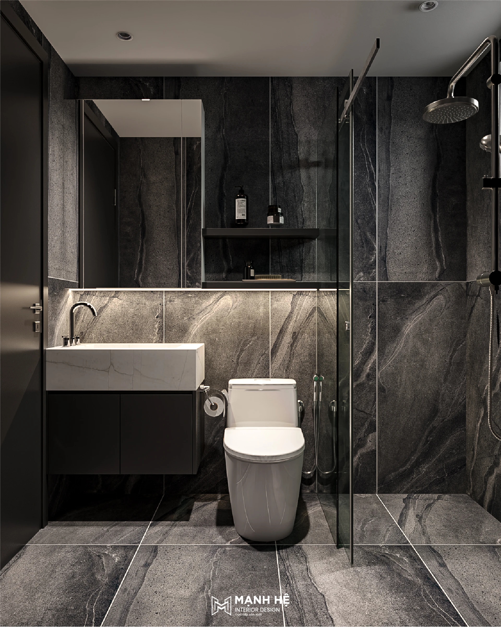 phòng tắm sang trọng với ốp đá đen vân trắng, bồn cầu, lavabo và vách kính tắm