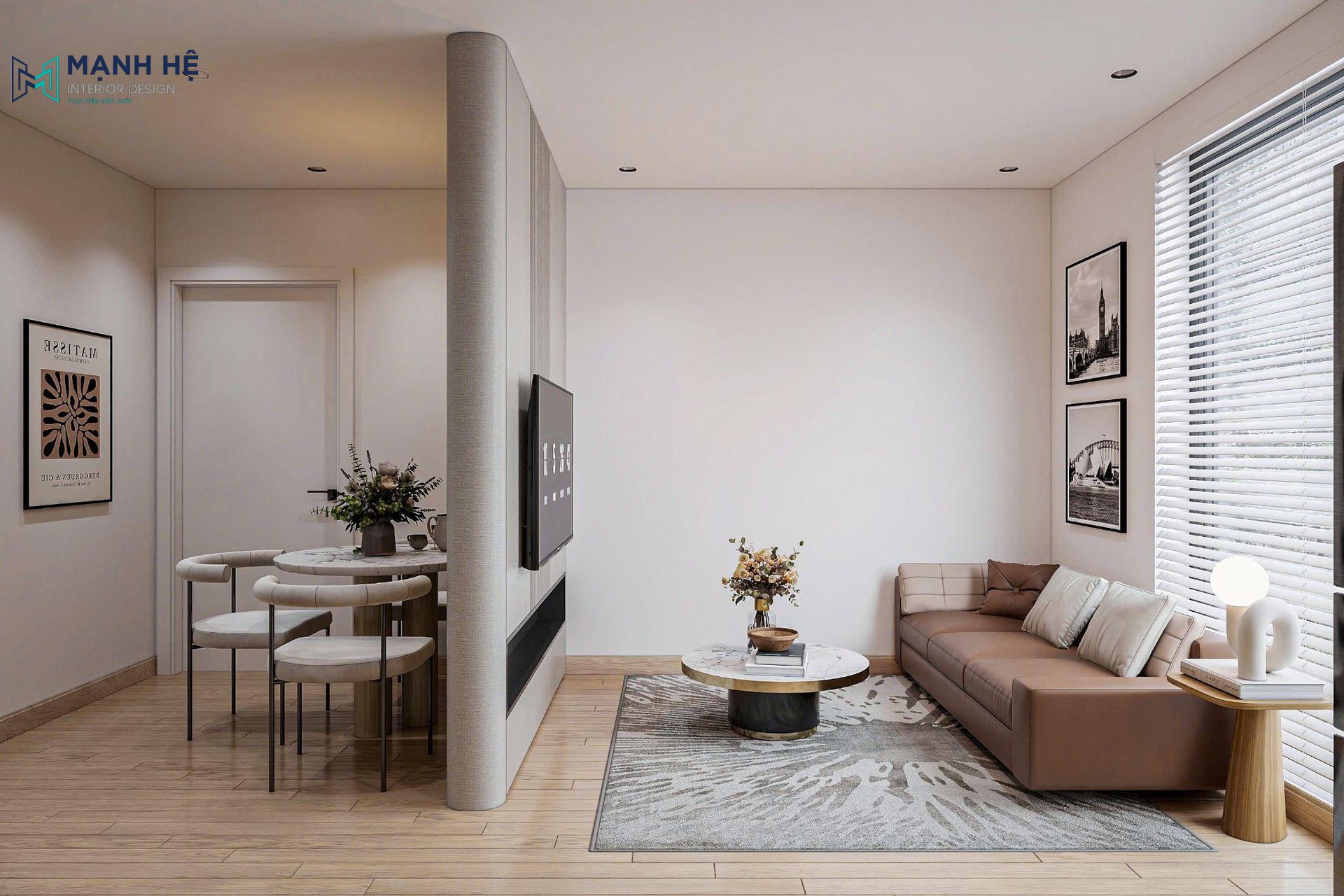 không gian phòng khách căn hộ dịch vụ với sofa nâu, vách tivi và bộ bàn ăn tròn